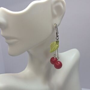 cherry dangle earrings lucite plastic leaf fruit whimsical red green pierced